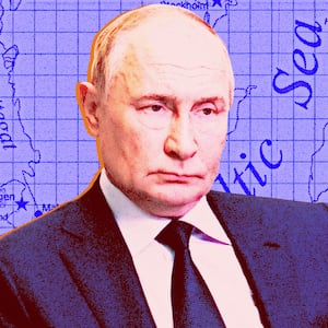 Vladimir Putin and map of Lithuania, Estonia and Latvia.