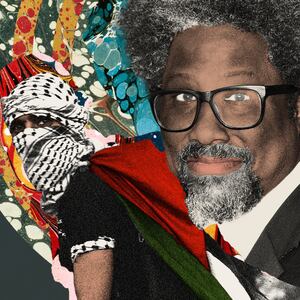 Photo illustration of W Kamau Bell and a Palestinian man