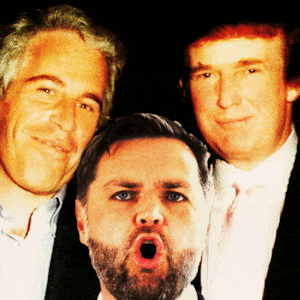 Donald Trump and Jeffrey Epstein with JD Vance moving up and down into the frame