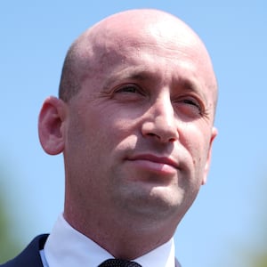 Deputy Chief of Staff Stephen Miller speaking to reporters outside the outside the White House on May 30, 2025 as Democrats taunted him over his wife going to work for Elon Musk.