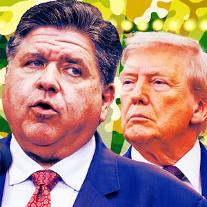 A photo illustration of JB Pritzker and Donald Trump on a camouflage background.