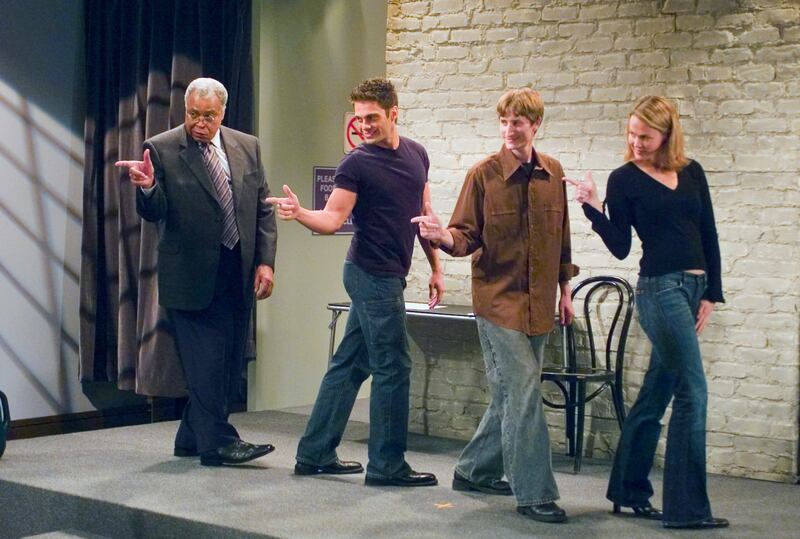 A photo of James Earl Jones as Himself, Jon Fleming as Russell, and Emily Rutherfurd as Joanne on Will & Grace