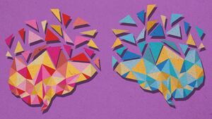 illustration of two dueling brains, one in shades of red and pink the other in blue and purple sandra day o'connor supreme court justice alzheimer's dementia alzheimers couple couples marriage widow divorced loneliness caretaker stress syndrome