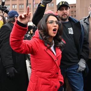 Rep. Lauren Boebert (R-CO) alongside Trump supporters speaks to the media outside the DC Central Detention Facility where some defendants from the January 6, 2021 attack on the US Capitol are being held, in Washington, DC, on January 21, 2025.