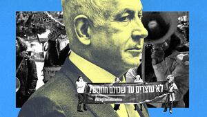 A photo illustration of protestors surrounding Benjamin Netanyahu