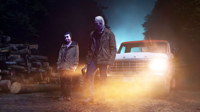 A photo including a still from the film The Strangers: Chapter 1