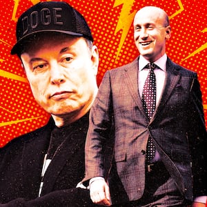 A photo illustration of Elon Musk and Stephen Miller on a red background with lightning.