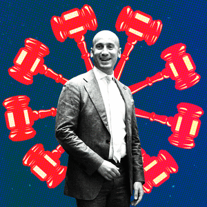 A photo animation of Stephen Miller and rotating red judge gavels.