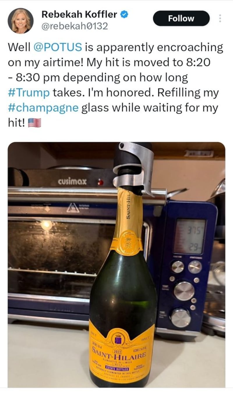 Koffler's deleted post, which reads: "Well @POTUS is apparently on my airtime! My hit is moved to 8:20 - 8:30 pm depending on how long #Trump takes. I'm honored. Refilling my #champagne glass while waiting for my hit!"