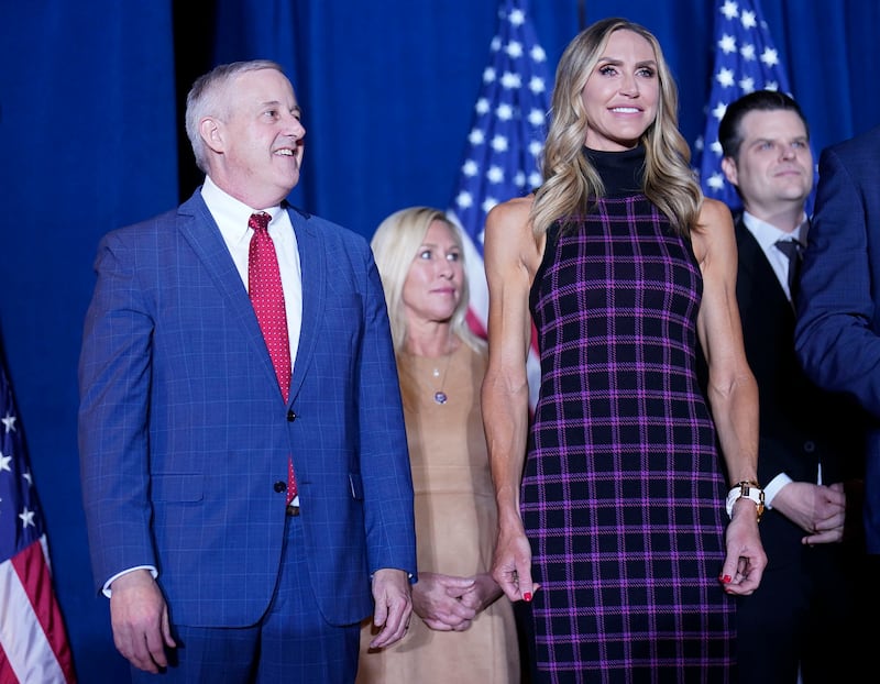 (L-R) Michael Whatley, Marjorie Taylor Greene, Lara Trump, and Matt Gaetz