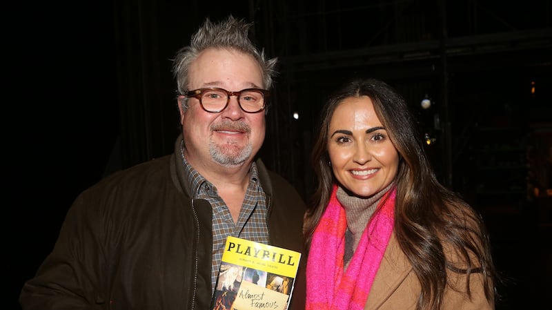 NEW YORK, NEW YORK - NOVEMBER 30: Eric Stonestreet and fiancé Lindsay Schweitzer pose backstage at the musical "Almost Famous" on Broadway based on the 2000 film at The Jacobs Theatre on November 30, 2022 in New York City. Eric Stonestreet starred in the original 2000 Cameron Crowe film "Almost Famous" as the front desk clerk at the hotel.