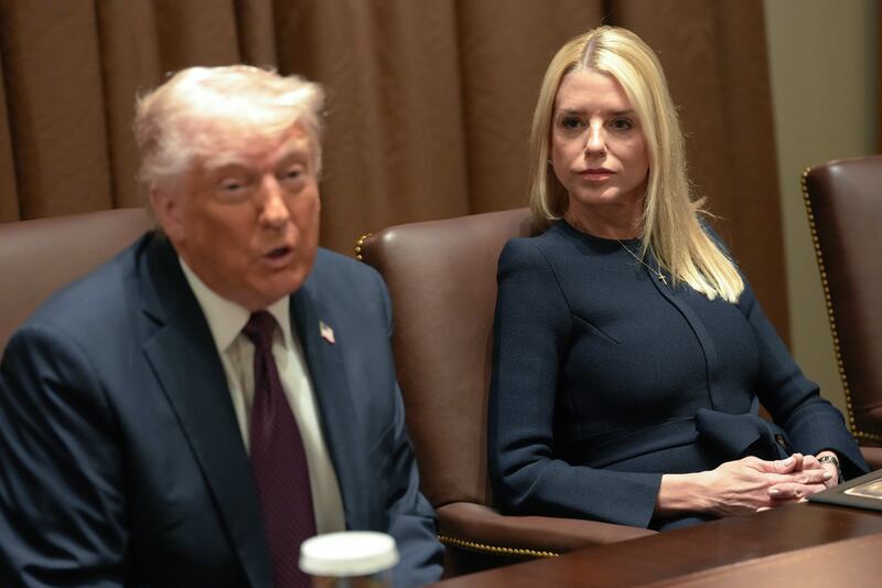 WASHINGTON, DC - MARCH 24: U.S. Attorney General Pam Bondi looks on as President Donald Trump delivers remarks during a cabinet meeting at the White House on March 24, 2025 in Washington, DC. This is Trump's third cabinet meeting of his second term, and it focused on spending cuts proposed by the Department of Government Efficiency (DOGE). (Photo by Win McNamee/Getty Images)