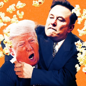 A photo illustration of President Donald Trump and Elon Musk and popcorn flying.