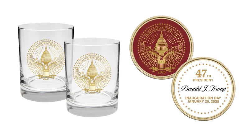 2025 Trump Inaugural Seal Whiskey Glasses and 2025 Trump Inaugural Challenge Coin.