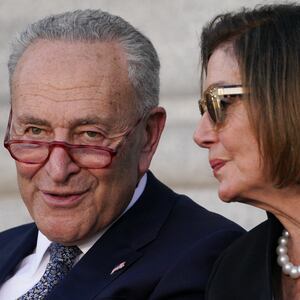 US Senate Majority Leader Chuck Schumer (D-NY) and former House Speaker Nancy Pelosi attend the funeral service of US Senator Dianne Feinstein at San Francisco City Hall on October 5, 2023 in San Francisco, California. Feinstein, a titan of US political history who notched a string of legislative achievements during a trailblazing three-decade career in the Senate, died on September 29, 2023. She was 90. (Photo by Loren Elliott / AFP) (Photo by LOREN ELLIOTT/AFP via Getty Images)