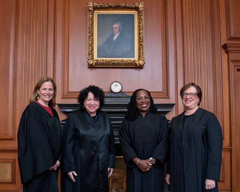 The four women serving on the U.S. Supreme Court—from left: Justice Amy Coney Barrett, Justice Sonia Sotomayor, Justice Ketanji Brown Jackson and Justice Elena Kagan—are pictured together in Washington, D.C., on September 30, 2022.