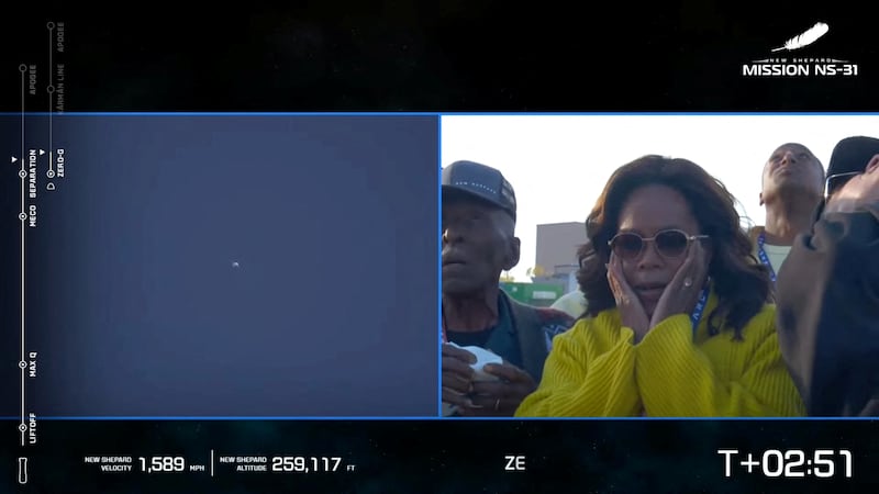 Oprah Winfrey reacts as Pop star Katy Perry and journalists Gayle King, Lauren Sanchez, who is also billionaire Jeff Bezos' fiance and other participants, blast off into space on a Blue Origin rocket, as part of the New Shepard Mission NS-31, marking the first all-female flight crew in more than six decades, in West Texas, Texas, U.S., April 14, 2025, in this screen grab taken from a video. Blue Origin/Handout via REUTERS    THIS IMAGE HAS BEEN SUPPLIED BY A THIRD PARTY. NO RESALES. NO ARCHIVES. MANDATORY CREDIT