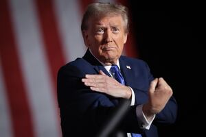 Donald Trump gestures to the crowd at a campaign event in Latrobe, Pennsylvania on October 19, 2024.