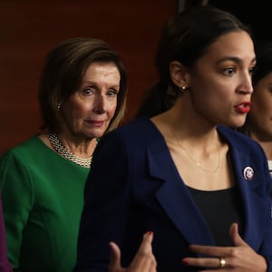 U.S. Rep. Alexandria Ocasio-Cortez (D-NY) speaks as Rep. Angie Craig (D-MN), Speaker of the House Rep. Nancy Pelosi (D-CA) and Rep. Sara Jacobs (D-CA) listen during a news conference at the U.S. Capitol June 16, 2021 in Washington, DC.