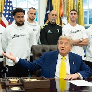 President Donald Trump meets with with members of the Juventus soccer club inside the Oval Office on June 18, 2025 at The White House in Washington.