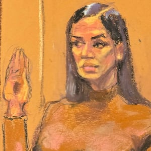 Sean "Diddy" Combs watches as his former girlfriend Casandra "Cassie" Ventura is sworn in as a prosecution witness before U.S. District Judge Arun Subramanian at Combs' sex trafficking trial in New York City, New York, U.S., May 13, 2025 in this courtroom sketch.
