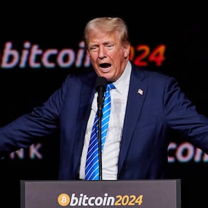 President-elect Donald Trump gestures on stage at the 2024 Bitcoin Conference in Nashville, TN.