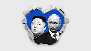 An illustration including photos Kim Jong Un, Putin, and ripped paper.