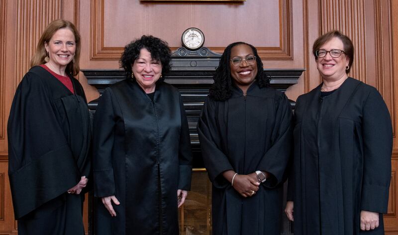The four women serving as Associate Justices on the U.S. Supreme Court; Justice Amy Coney Barrett, Justice Sonia Sotomayor, Justice Ketanji Brown Jackson and Justice Elena Kagan.