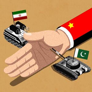 An illustration of a hand attached to an arm in a red suit with a yellow star pin keeps two tanks with the Pakistani and Iranian flags separated 