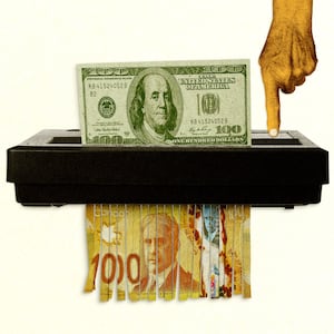 American $100 bill going into a paper shredder and coming out a ripped up Canadian $100 bill with an orange hand pressing the button on the shredder
