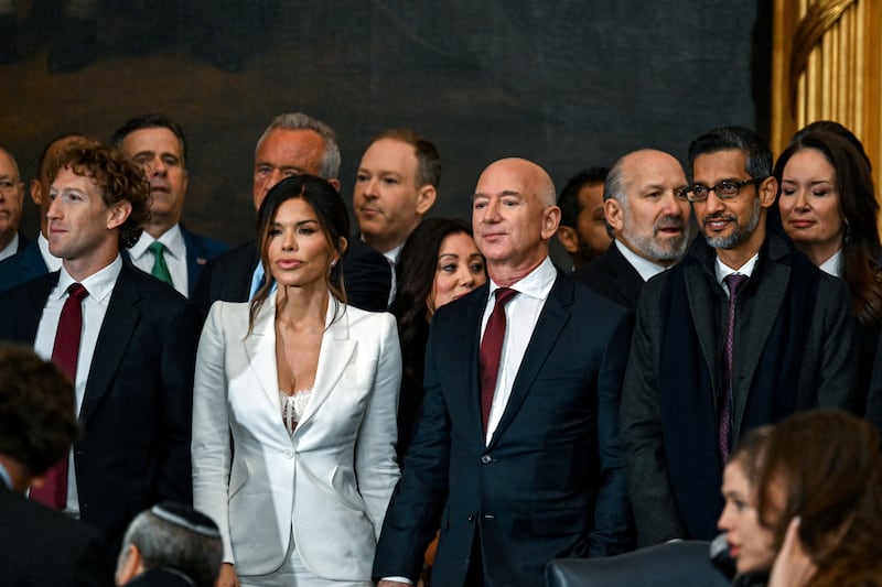From left, Mark Zuckerberg, Lauren Sanchez, Jeff Bezos and Sundar Pichai arrive before the inauguration of Donald Trump as the 47th president of the United States takes place inside the Capitol Rotunda of the U.S. Capitol building in Washington, D.C., Monday, January 20, 2025.