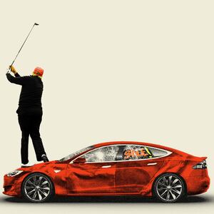Donald Trump golfing standing on top of a damaged red tesla model s car