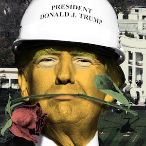 Donald Trump wearing a construction helmet, a dead rose in his mouth, in front of the white house