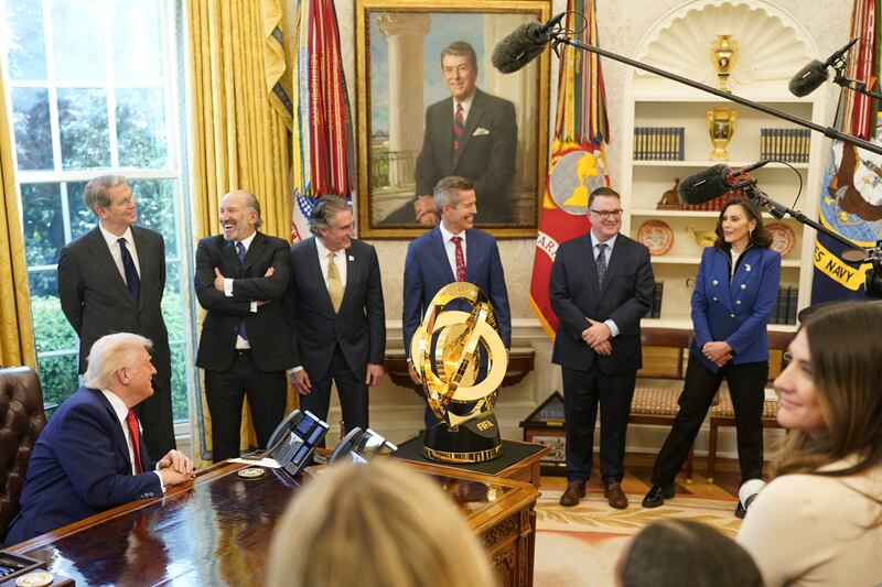 Michigan Gov. Gretchen Whitmer (far right) is pictured in the Oval Office as President Donald Trump signs executive orders and proclamations at the White House in Washington, D.C. on April 9, 2025.