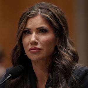 South Dakota Gov. Kristi Noem, President-elect Donald Trump's nominee for Secretary of the Department of Homeland Security, speaks during her confirmation hearing before the Homeland Security and Governmental Affairs Committee on Capitol Hill on January 17, 2025 in Washington, DC.
