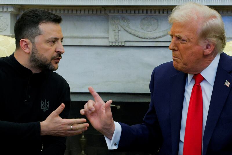 U.S. President Donald Trump spars with Ukrainian President Volodymyr Zelensky during a meeting at the White House in Washington, D.C. on February 28, 2025.