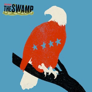 Red and white bald eagle with blue stars across it's chest on a blue background
