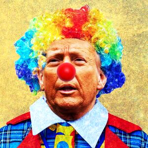 Trump clown holding tariff card