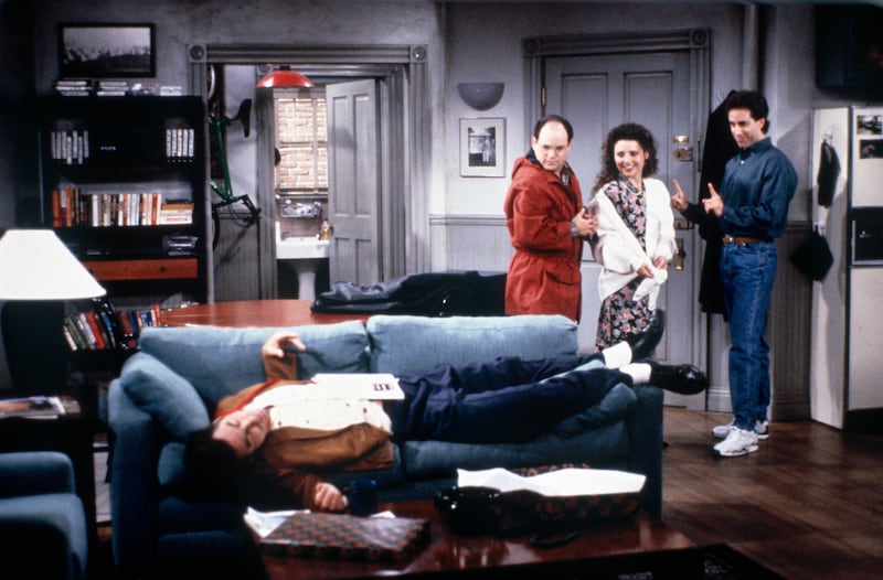 SEINFELD -- Pictured: (l-r) Michael Richards as Cosmo Kramer, Jason Alexander as George Costanza, Julia Louis-Dreyfus as Elaine Benes, Jerry Seinfeld as Jerry Seinfeld  (Photo by Maria McCarty/NBCU Photo Bank/NBCUniversal via Getty Images via Getty Images)
