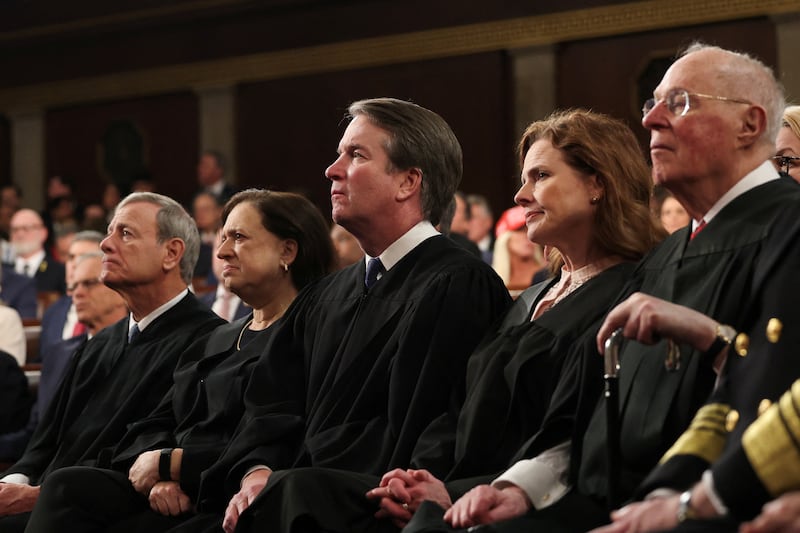 Chief Justice of the Supreme Court John Roberts, Justice Elena Kagan, Justice Brett Kavanaugh, Justice Amy Coney Barrett, and retired Justice Anthony Kennedy attend U.S. President Donald Trump's address to a joint session of Congress at the U.S. Capitol on March 04, 2025 in Washington, DC.