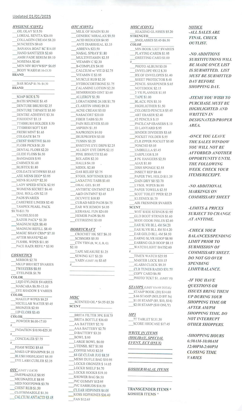 The commissary list for the federal prison camp in Bryan, Texas. Inmates are permitted to spend up to $360 a month.