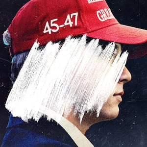 A photo illustration of young man whose face has been obscured with white paint, in a suit wearing a Red Trump MAGA hat.