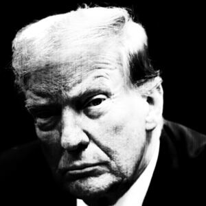 Photo illustration of a black and white Donald Trump.