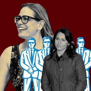 A photo illustration of Kyrsten Sinema, Tulsi Gabbard and bodyguards.