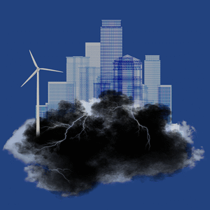 Photo illustrative gif of a blueprint of a city in a dark storm cloud with a rotating wind turbine