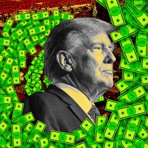 A photo illustration of former President Donald Trump and money swirling around him.