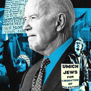 A photo illustration of Joe Biden surrounded by pictures of pro-Palestinian protesters.