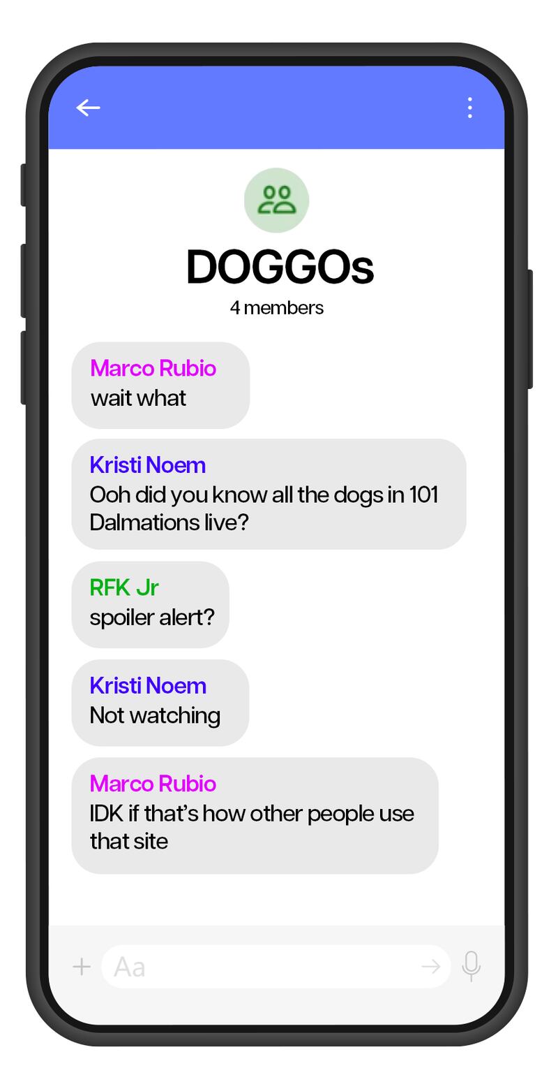 Parody recreated Signal text messages between Trump's cabinet and administration.