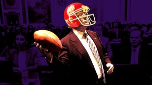 A photo illustration of former President Donald Trump throwing a football.