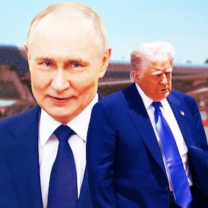 A photo illustration of Vladimir Putin and Donald Trump and Air Force One parked on the runway.